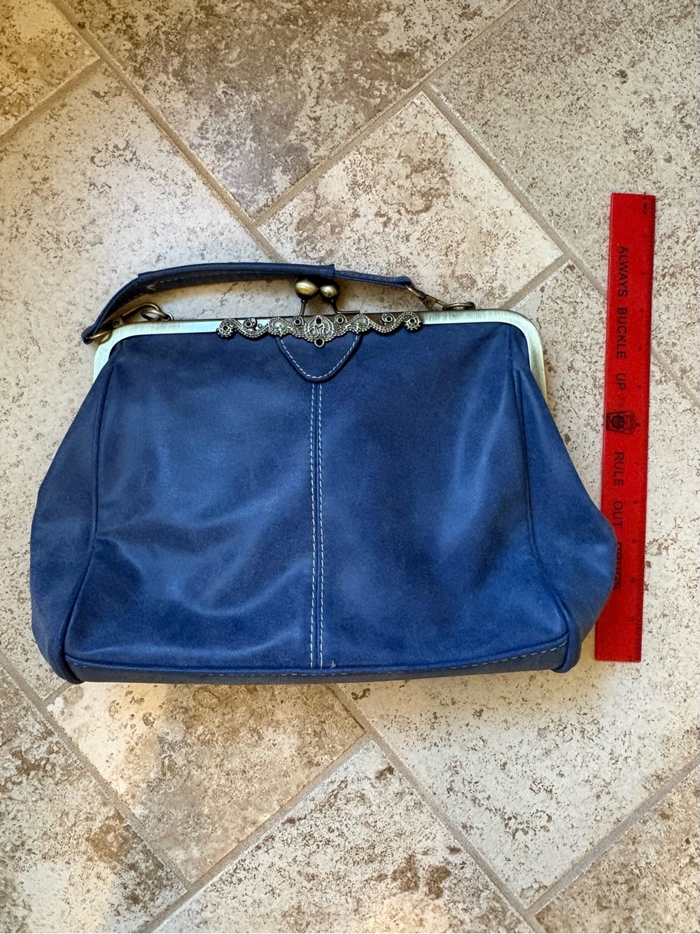 Classic Navy Frame-Top Clutch with Decorative Brass Trim